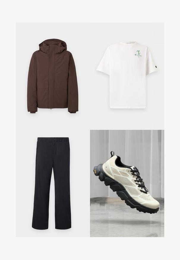 Doudoune marron avec un col montant et une capuche, comprenant deux grandes poches avant et une fermeture éclair. Fabriquée en matériau résistant aux intempéries.; T-shirt blanc à manches courtes avec un petit graphisme de skieur vert et jaune et le texte « Columbia Sportswear Company » en haut à gauche.; Pantalon noir à jambe droite avec ceinture élastique et un seul bouton au-dessus de la braguette à glissière, présenté à plat sur fond blanc.; Chaussure de trail running beige clair et noire avec une semelle robuste, un dessus en mesh respirant et une languette à l'arrière, présentée flottant au-dessus d'un sol en marbre.