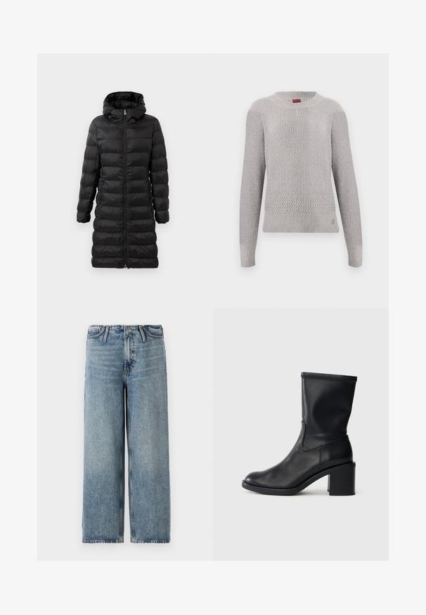 Schwarze Puffjacke in knielanger Ausführung mit Kapuze, versehen mit horizontalem Steppmuster, vorderem Reißverschluss und seitlichen Taschen.; Hellgrauer Pullover mit strukturiertem Strickmuster, rundem Ausschnitt und langen Ärmeln. Detailliertes Strickmuster am Saum.; Hellblaue Marlene-Jeans aus Denim, mit einem mittelhohen Bund, klassischem Fünf-Taschen-Design und subtilen Verwaschungen im Stoff.; Schwarze Leder-Ankle Boots mit runder Zehenform, glatter Oberfläche und dicker Absatz, ausgestattet mit einem eng anliegenden Schaft und subtilen Nähten.