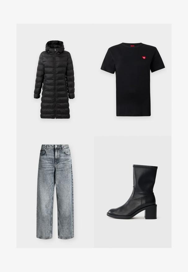 Schwarze Puffjacke in knielanger Ausführung mit Kapuze, versehen mit horizontalem Steppmuster, vorderem Reißverschluss und seitlichen Taschen.; Schwarz Baumwoll-T-Shirt mit kurzen Ärmeln und rundem Halsausschnitt, versehen mit einem kleinen roten Herzlogo und dem Text "HUGO" im linken Brustbereich.; Jeans mit hohem Bund und geradem Bein aus verblasstem grauem Denim mit Vordertaschen, Gürtelschlaufen und Knopfverschluss.; Schwarze Leder-Ankle Boots mit runder Zehenform, glatter Oberfläche und dicker Absatz, ausgestattet mit einem eng anliegenden Schaft und subtilen Nähten.