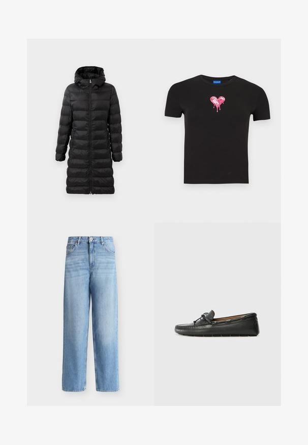 Schwarze Puffjacke in knielanger Ausführung mit Kapuze, versehen mit horizontalem Steppmuster, vorderem Reißverschluss und seitlichen Taschen.; Schwarzes Baumwoll-T-Shirt mit kurzen Ärmeln, das eine große, glänzende pinke Herzgrafik zeigt, die von der Mitte zu tropfen scheint.; Hellblaue, hochtaillierte Jeans mit geradem Bein, vorne mit Knopf- und Reißverschluss sowie Gürtelschlaufen und Vordertaschen vor weißem Hintergrund.; Schwarze Lederbootsschuhe mit rundem Zehenbereich, gestickten Details, kleinem Schleifenakzent und Gummisohle. Glatte Textur und schlankes Design.