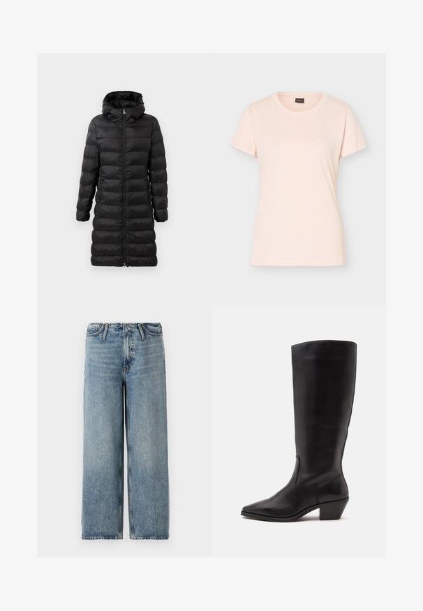 Schwarze Puffjacke in knielanger Ausführung mit Kapuze, versehen mit horizontalem Steppmuster, vorderem Reißverschluss und seitlichen Taschen.; Hellrosa kurzärmliges T-Shirt mit Rundhalsausschnitt, kleinem geprägtem BOSS-Logo auf der linken Brust und schwarzem Etikett im Kragen.; Hellblaue Marlene-Jeans aus Denim, mit einem mittelhohen Bund, klassischem Fünf-Taschen-Design und subtilen Verwaschungen im Stoff.; Schwarzer Lederstiefel bis zur Wade mit spitzer Spitze und niedrigem schrägem Absatz vor einfachem hellem Hintergrund.