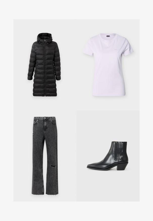 Schwarze Puffjacke in knielanger Ausführung mit Kapuze, versehen mit horizontalem Steppmuster, vorderem Reißverschluss und seitlichen Taschen.; Weißes Damen-T-Shirt mit kurzen Ärmeln, Rundhalsausschnitt und kleinem geprägtem "BOSS"-Logo auf der linken Brust.; Wide-Leg-Jeans aus gewaschenem schwarzem Denim mit einem ausgefransten Knie-Detail, einem ausgefransten Saum und einem Standard-Knopfleistenverschluss mit Taschen.; Schwarze Leder-Ankle-Boots mit spitzem Zehenbereich, seitlichen elastischen Einsätzen mit vertikalen Rillen und einem niedrigen Blockabsatz. Glatte Textur und elegantes Design.