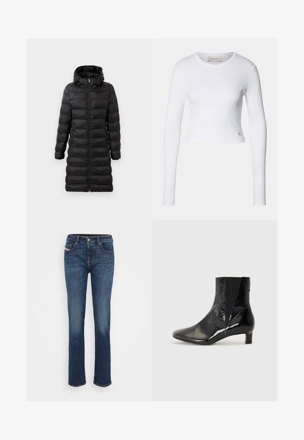Schwarze Puffjacke in knielanger Ausführung mit Kapuze, versehen mit horizontalem Steppmuster, vorderem Reißverschluss und seitlichen Taschen.; Weißes Langarm-Crop-Top aus geripptem Stoff. Verfügt über einen runden Halsausschnitt und ein kleines Logo-Tag auf der linken unteren Seite.; Blaue Denim-Jeans mit geradem Bein, ausgestattet mit fünf Taschen, einem Knopf- und Reißverschluss sowie dezenten Nähakzenten.; Castañer ALEGRA - Stiefelette - black