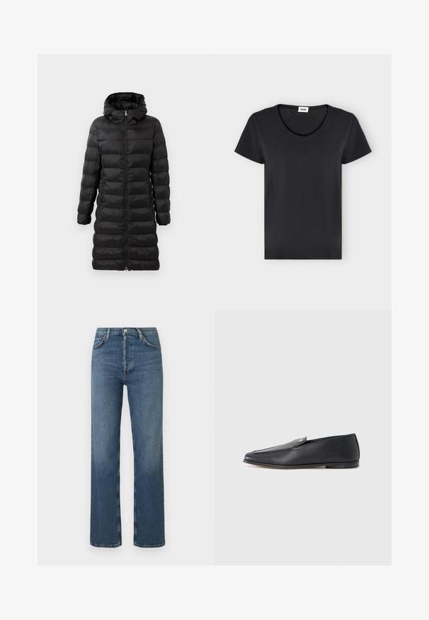 Abrigo de plumas negro, hasta la rodilla, con capucha, con un patrón de acolchado horizontal, cierre frontal con cremallera y bolsillos laterales.; Camiseta negra lisa de manga corta con cuello redondo y una pequeña etiqueta blanca de la marca en el interior del cuello.; Vaqueros de mezclilla azul con diseño de pierna recta, cintura alta y cinco bolsillos. Presentan costuras a contraste y cierre de botones."; Mocasines de cuero negro con textura suave, punta redondeada y detalles de costura sutiles. Presentan un acento de logo dorado en el lateral superior.