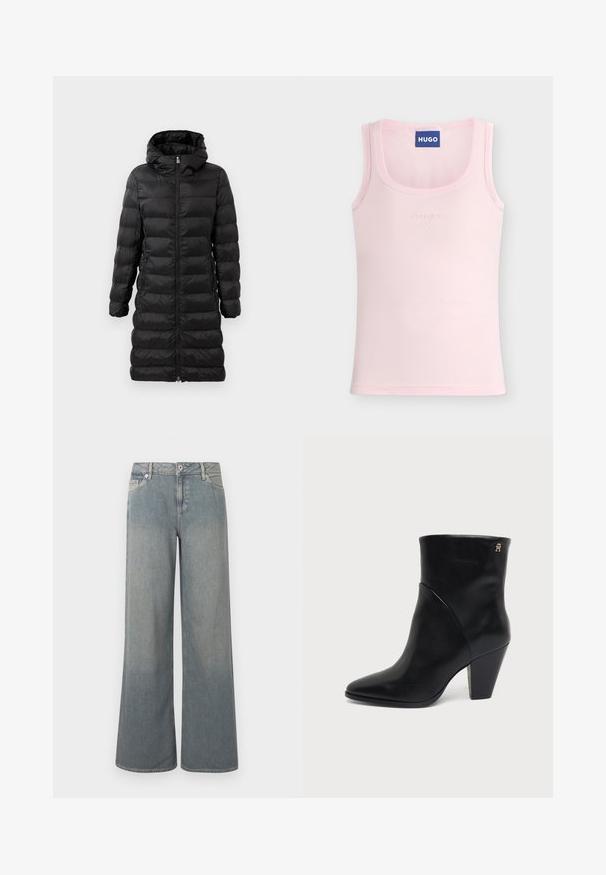 Zwarte pufferjas, tot de knie, met een capuchon, met een horizontaal gestikt patroon, een ritssluiting aan de voorkant en zijzakken.; Lichtroze mouwloze tanktop met ronde hals, subtiel geperst "hugo" logo in het midden en een blauw "HUGO" merklabel aan de binnenkant van de kraag.; Lichtgewassen, wijde jeans van denim met een klassiek ontwerp met vijf zakken, een ritssluiting en knoop, en franjes aan de zoom.; Zwarte leren enkellaars met puntige neus, blokhak en klein gouden logo nabij de bovenzijde aan de buitenkant.