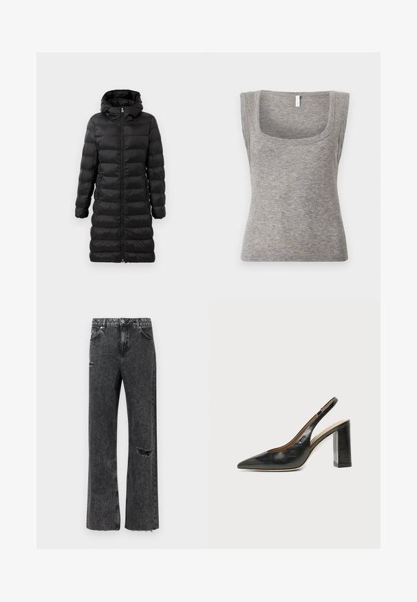 Schwarze Puffjacke in knielanger Ausführung mit Kapuze, versehen mit horizontalem Steppmuster, vorderem Reißverschluss und seitlichen Taschen.; Graues ärmelloses geripptes Tanktop mit quadratischem Ausschnitt und enger Passform, das eine glatte Textur und leichte Dehnbarkeit zeigt.; Wide-Leg-Jeans aus gewaschenem schwarzem Denim mit einem ausgefransten Knie-Detail, einem ausgefransten Saum und einem Standard-Knopfleistenverschluss mit Taschen.; Schwarzer Leder-Slingback-Schuh mit spitzer Kappe, hohem Blockabsatz und beigegefüttertem Innenraum vor hellem, einfarbigem Hintergrund.