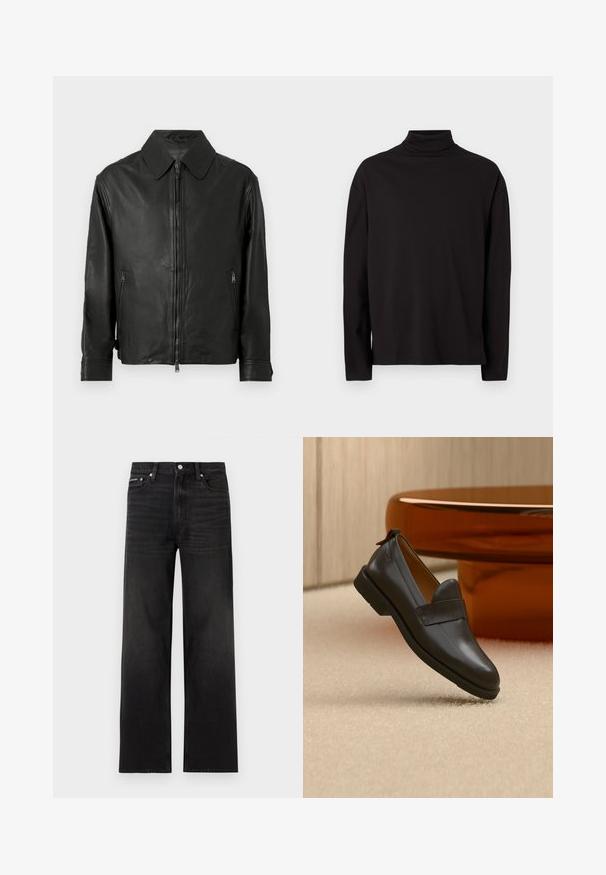 Veste en cuir noire avec col à revers, fermeture éclair à l'avant, poches latérales zippées et manches longues avec détails aux poignets.; Haut à col roulé noir à manches longues en tissu doux et lisse, avec une coupe décontractée et sans motifs ni accents visibles.; Jean noir droit avec cinq poches, passants pour ceinture et fermeture par bouton, présenté sur un fond blanc.; Mocassin en cuir noir à talon bas flottant au-dessus d'un tapis beige, à côté d'une table brillante couleur ambre dans une pièce minimaliste.