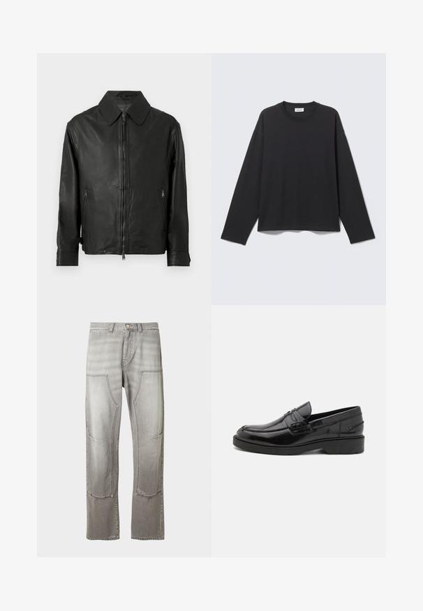 Veste en cuir noire avec col à revers, fermeture éclair à l'avant, poches latérales zippées et manches longues avec détails aux poignets.; Chemise noire à manches longues avec col rond, coupe simple et ample, présentée à plat sur un fond gris clair.; Pantalon en jean gris avec grandes poches plaquées sur les cuisses avant et des détails subtils délavés et usés sur les genoux et le haut des jambes.; Mocassins en cuir noir avec une finition lisse, un bout rond, un petit talon et descoutures décoratives à l'avant. Semelle en caoutchouc pour l'adhérence.