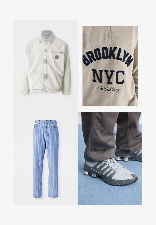 Hellgraue Jeansjacke mit einem Reißverschluss vorne, Cordkragen, zwei Vordertaschen und einer Brusttasche mit einem Logo-Patch. Weicher, strukturierter Stoff.; Beige Fleece-Pullover mit Viertelreißverschluss, auf dem in marinefarbener Stickerei der Text "BROOKLYN", "NYC" und "New York City" in verschiedenen Schriftarten und -stilen zu sehen ist.; Helle blaue Jeans mit vertikalen weißen Streifen, gerade geschnitten, im Five-Pocket-Stil und mit einem Knopfverschluss an der Taille.; Graue und silberne Nike Shox Sneakers zeichnen sich durch ein schlankes Design aus, mit Netz- und Synthetikmaterialien, einer abgerundeten Zehenpartie und einem gepolsterten Schuhkragen.