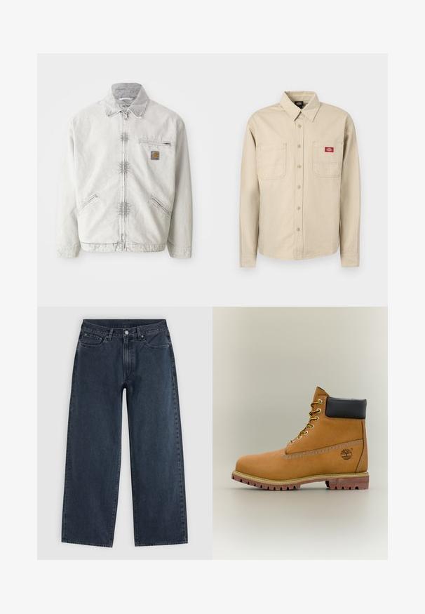 Veste en denim gris clair avec fermeture éclair à l'avant, col en velours côtelé, deux poches avant et une poche poitrine avec un patch logo. Tissu doux et texturé.; Chemise à manches longues à rayures verticales beige et blanches, avec col, deux poches poitrine et un patch logo Dickies rouge sur la poche droite.; Jean bleu foncé à jambes larges avec cinq poches, passants pour ceinture, fermeture par bouton et braguette zippée, présenté à plat sur un fond clair.; Bottine en cuir marron avec col noir, lacets jaunes et semelle beige. Présente un logo et des détails de couture blanche. Semelle extérieure à traction robuste.