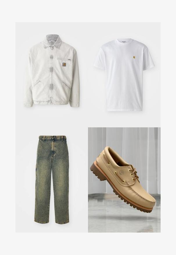 Chaqueta de mezclilla gris claro con cierre frontal, cuello de pana, dos bolsillos frontales y un bolsillo en el pecho con un parche de logo. Tejido suave y texturizado.; Camiseta de algodón blanca con mangas cortas, cuello redondo, que presenta un pequeño logo dorado en la parte izquierda del pecho. Textura suave y corte regular.; Jeans de denim holgados en un lavado azul y verde descolorido. Presenta un cierre de botón, pasadores para el cinturón y bolsillos laterales. Diseño de frente plano y pierna recta.; Zapato náutico de cuero marrón claro con suela gruesa y estriada y detalles de cordones, flotando sobre un suelo de mármol y un fondo de persianas verticales blancas.