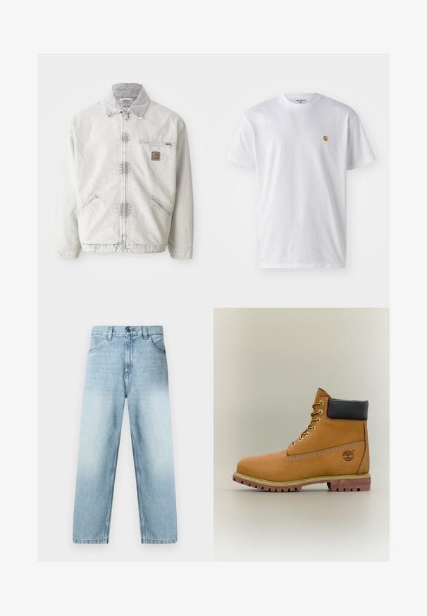 Chaqueta de mezclilla gris claro con cierre frontal, cuello de pana, dos bolsillos frontales y un bolsillo en el pecho con un parche de logo. Tejido suave y texturizado.; Camiseta de algodón blanca con mangas cortas, cuello redondo, que presenta un pequeño logo dorado en la parte izquierda del pecho. Textura suave y corte regular.; Vaqueros rectos de color azul claro con acabado desgastado, diseño de cinco bolsillos y costuras visibles a lo largo de las costuras. Material de algodón denim.; Bota de tobillo de cuero marrón con cuello negro, cordones amarillos y suela beige. Presenta un logotipo y detalles de costura blanca. Suela exterior con tracción robusta.