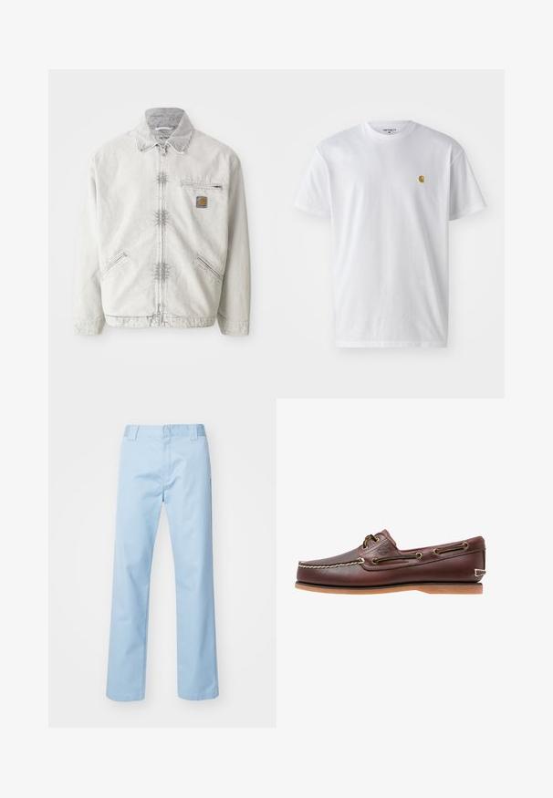 Veste en denim gris clair avec fermeture éclair à l'avant, col en velours côtelé, deux poches avant et une poche poitrine avec un patch logo. Tissu doux et texturé.; T-shirt en coton blanc à manches courtes, col rond, avec un petit logo doré sur la poitrine gauche. Texture douce et coupe régulière.; Pantalon droit bleu clair en tissu mélangé de coton. Présente une taille plate à l'avant, des poches latérales et aucun motif ou embellissement visible.; Chaussure bateau en cuir marron avec coutures blanches, détails de lacets et semelle en caoutchouc beige, vue de côté sur fond blanc.