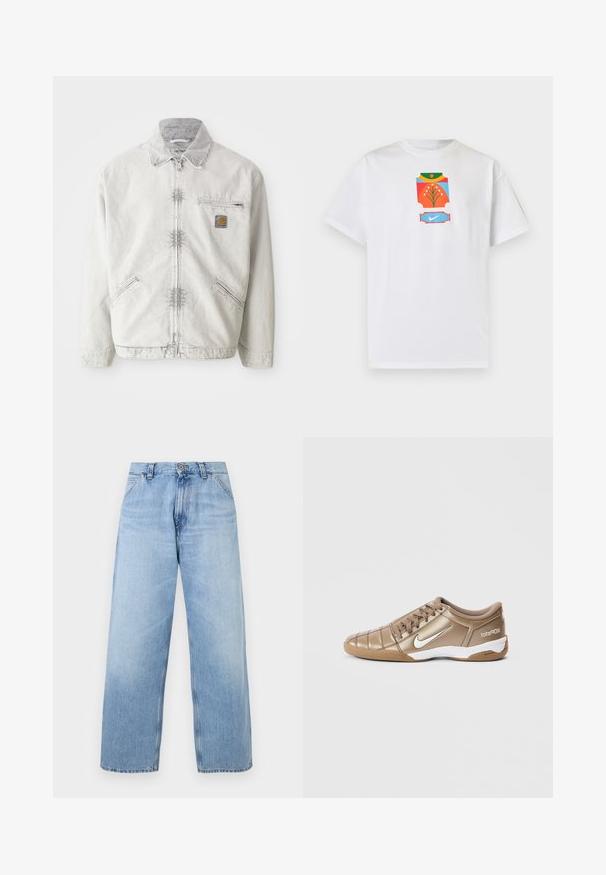 Hellgraue Jeansjacke mit einem Reißverschluss vorne, Cordkragen, zwei Vordertaschen und einer Brusttasche mit einem Logo-Patch. Weicher, strukturierter Stoff.; Weißes kurzärmeliges T-Shirt mit einer bunten abstrakten Grafik, die eine Blume und ein blaues Nike-Logo auf der Brust zeigt.; Hellblaue Jeans mit weitem Bein, Fronttaschen, Gürtelschlaufen, Knopfverschluss und verblassten Details.; Nike Total 90 III Fußballschuhe in metallischem Gold mit weißem Swoosh, mit glatter Textur, Schnürverschluss und Gummisohle.