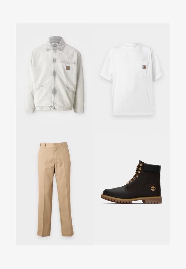 Chaqueta de mezclilla gris claro con cierre frontal, cuello de pana, dos bolsillos frontales y un bolsillo en el pecho con un parche de logo. Tejido suave y texturizado.; Camiseta blanca de manga corta con cuello redondo y bolsillo en el pecho con un pequeño parche del logo de Carhartt en marrón y negro.; Pantalones beige de pierna recta con trabillas, cremallera frontal y pliegues prensados, mostrados sobre un fondo blanco liso.; Bota de cuero negro de tobillo con ojales dorados, acentos marrones y suela de goma. Presenta un cuello acolchado y un logotipo en relieve en el costado.