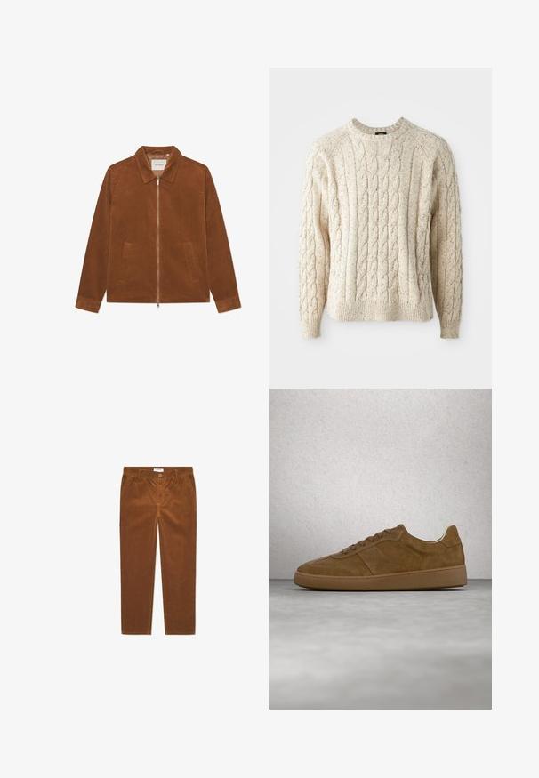 Chaqueta de pana marrón con cierre de cremallera, cuello y dos bolsillos frontales. Presenta una textura de canalé y mangas largas.; Suéter de punto trenzado color crema con cuello redondo, patrón texturizado y puños y dobladillo acanalados. Hecho de hilo suave y grueso.; Pantalones de pana marrones con corte recto, que presentan bolsillos frontales, cierre de botón y textura de canalé vertical.; Zapatilla deportiva de ante marrón con cordones color beige y suela de goma. Presenta una puntera redondeada y detalles cosidos en la parte superior. Diseño ligero.