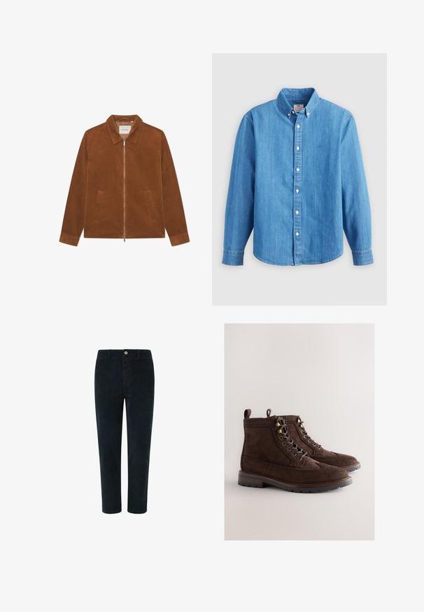 Veste en velours côtelé marron avec fermeture éclair, col et deux poches avant. Présente une texture côtelée et des manches longues.; Chemise en denim bleu clair à manches longues, col boutonné et boutons blancs. Dispose d'un petit logo brodé sur la poitrine.; Pantalons en velours côtelé bleu marine foncé avec une coupe droite, dotés d'une fermeture à bouton à l'avant et de poches latérales, texture lisse et couture minimale.; Bottines en daim marron avec détails brogue, bout rond, œillets métalliques, semelle en caoutchouc texturée, petit talon et languette pour enfiler.