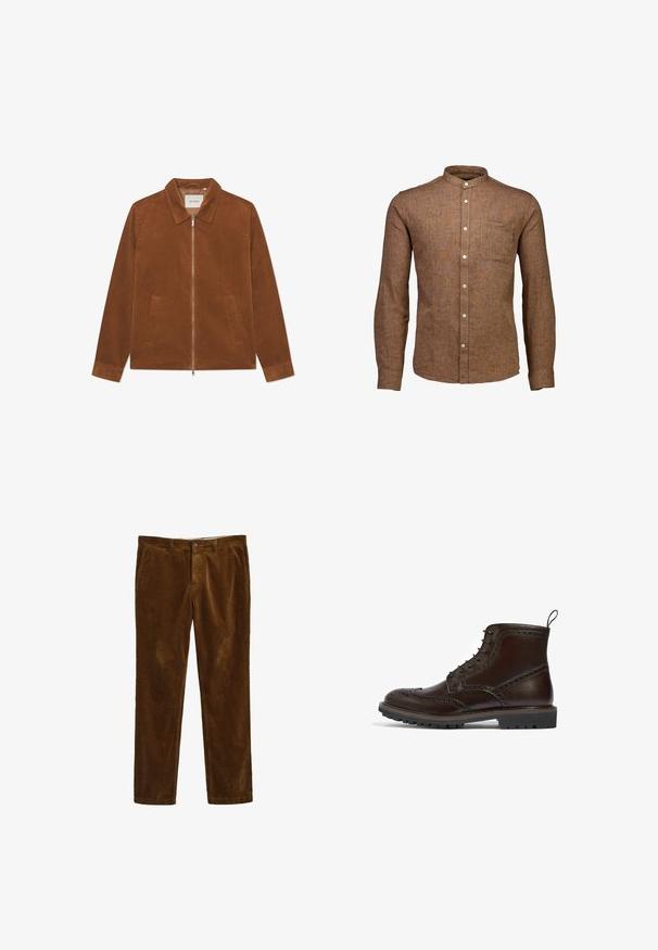 Veste en velours côtelé marron avec fermeture éclair, col et deux poches avant. Présente une texture côtelée et des manches longues.; Chemise marron à manches longues en tissu texturé, dotée d'un col boutonné et d'une poche poitrine, avec des boutons de couleur claire.; Pantalons en velours côtelé marron avec une coupe droite, dotés d'une fermeture à bouton à l'avant et de deux poches latérales. Tissu texturé avec un motif à côtes.; Botte en cuir marron à lacets présentant un design brogue, une tige texturée, une semelle en caoutchouc et une languette d'enfilage. Construction robuste avec des détails complexes.