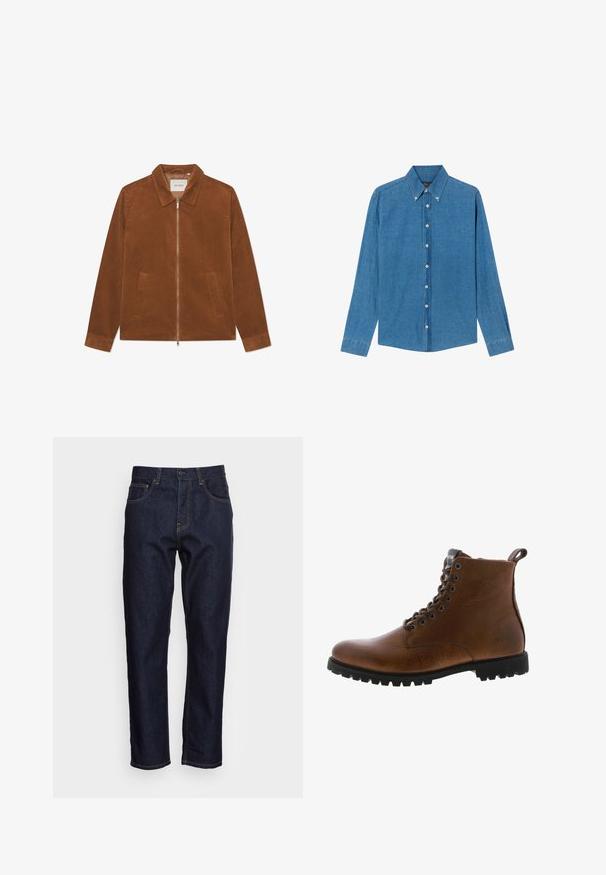 Bruine corduroy jack met rits, kraag en twee voorzakken. Heeft een geribbelde textuur en lange mouwen.; Blauwe denim shirt met een button-down kraag, lange mouwen en knopen aan de voorkant. De stof heeft een gestructureerde afwerking met een klassieke snit.; Donkerblauwe spijkerbroeken met een rechte snit, vijf zakken en contrasterende gele stiksels. Ontworpen met een klassieke knoop- en ritssluiting.; Bruine leren enkelbotten met een gestructureerde afwerking, metalen oogjes en een zwarte rubberen profielzool. Voorzien van een trekband aan de achterkant voor gemakkelijke instap.