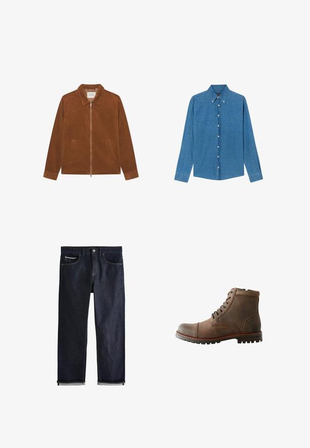 Braune Cordjacke mit Reißverschluss, Kragen und zwei Vordertaschen. Verfügt über eine gerippte Textur und lange Ärmel.; Blaue Denim-Hemd mit Button-down-Kragen, langen Ärmeln und Knöpfen vorne. Der Stoff hat eine strukturierte Oberfläche und einen klassischen Schnitt.; Dunkelblaue Jeans aus Denim mit klassischem geradem Schnitt, fünf Taschen, Knopfverschluss und umgeschlagenen Bündchen, die eine hellblaue Innenseite zeigen.; Braune Lederknöchelstiefel mit abgerundeter Spitze, gepolstertem Kragen, Schnürung mit sechs Ösen und strukturiertem Gummisohle. Genähte Akzente an den Seiten.