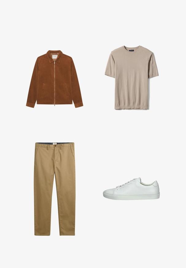 Braune Cordjacke mit Reißverschluss, Kragen und zwei Vordertaschen. Verfügt über eine gerippte Textur und lange Ärmel.; Beige Strick-T-Shirt mit kurzen Ärmeln, Rundhalsausschnitt und Rippstrick an Kragen, Bündchen und Saum, flach auf einem weißen Hintergrund liegend.; Khakifarbene Baumwollhose mit geradem Schnitt, ausgestattet mit Seitentaschen, einem Knopfverschluss und einem strukturierten Stoff.; Weiße Leder-Sneaker mit glatter Oberfläche, runder Zehenpartie, Schnürverschluss und strukturiertem Gummisohle. Minimalistisches Design mit niedriger Silhouette.