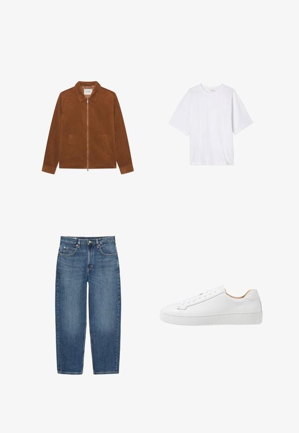 Bruine corduroy jack met rits, kraag en twee voorzakken. Heeft een geribbelde textuur en lange mouwen.; Witte T-shirt met korte mouwen van zacht materiaal. Heeft een ronde halslijn en een relaxte pasvorm met een rechte zoom. Geen patronen of hardware.; Blauwe rechte spijkerbroek met knoop en rits aan de voorkant, riemlussen en vijf zakken op een witte achtergrond.; Witte leren sneaker met een gladde afwerking, ronde neus, platte vetersluiting en een dikke rubberen zool met een gestructureerd grippatroon.