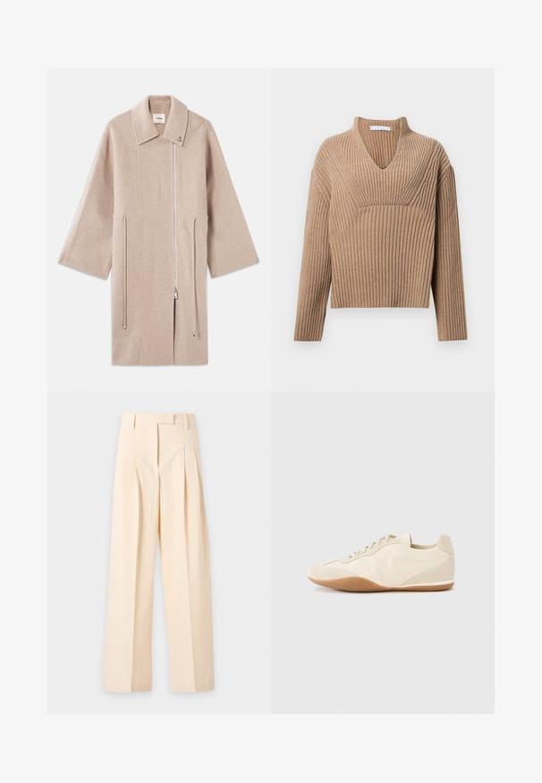 Beige wollen blend jas met een hoge kraag, ritssluiting aan de voorkant, zijzakken en brede mouwen; gladde textuur en minimalistisch design.; Beige geribbelde gebreide trui met een diepe V-hals, lange mouwen en een gestructureerd paneel op de borst. Korte lengte met een relaxte pasvorm.; Beige, hooggetailleerde, op maat gemaakte broek met plooien, riemlussen en brede pijpen, plat neergelegd op een lichte achtergrond.; Lichtbeige sneakers met een textuur van leer op het bovenwerk, getextureerde zijpanelen en een rubberen zool. Voorzien van een slank, gestroomlijnd ontwerp en platte veters.