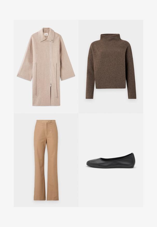 Beige wollen blend jas met een hoge kraag, ritssluiting aan de voorkant, zijzakken en brede mouwen; gladde textuur en minimalistisch design.; Bruin, cropped trui met een hoge, omgeslagen kraag, lange mouwen en een zachte, gestructureerde stof. Minimalistisch ontwerp zonder zichtbare hardware.; Beige op maat gemaakte broeken met een uitlopende silhouette, gemaakt van soepele stof, met een sluiting met een voorknop en twee zijzakken.; Zwarte leren ballerina met een ronde neus, gladde textuur, minimale stikdetails en een flexibele zoolontwerp.