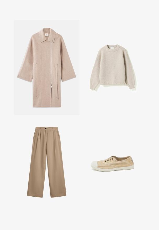 Abrigo de mezcla de lana color beige con cuello alto, cierre frontal de cremallera, bolsillos laterales y mangas anchas; textura suave y diseño minimalista.; Suéter de punto suave de color beige claro con cuello redondo, mangas largas y puños y bajo acanalados, mostrado plano sobre un fondo blanco.; Pantalones beige de pernera ancha con pliegues frontales, bolsillos laterales, presillas para cinturón y cierre de botón en la cintura.; Zapatilla beige de lona sin cordones con puntera y suela de goma blanca, con cuatro ojales metálicos y una etiqueta de tela en el talón.