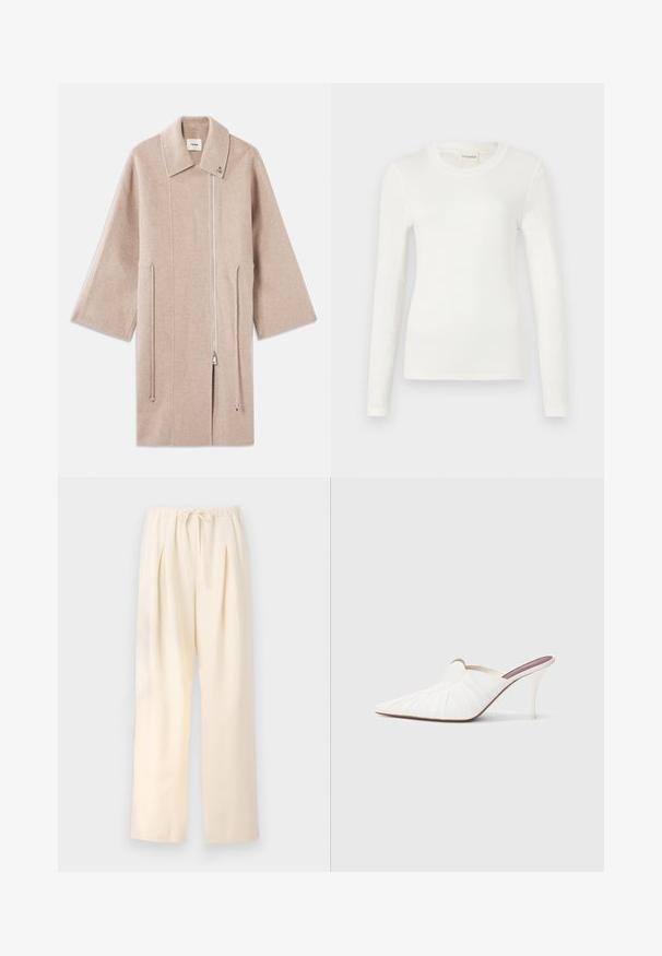 Beige wollen blend jas met een hoge kraag, ritssluiting aan de voorkant, zijzakken en brede mouwen; gladde textuur en minimalistisch design.; Wit langslib T-shirt gemaakt van zachte stof, met een ronde halslijn en een getailleerde pasvorm. Minimalistisch ontwerp zonder patronen of accenten.; Beige geplisseerde broek met een elastische tailleband en een verstelbaar trekkoord. Lichtgewicht stof en een wijd, recht ontwerp.; Witte mules met een puntige neus, geplooide textuur op het bovenwerk en een slanke naaldhak. Gladde oppervlakte en minimalistisch ontwerp.