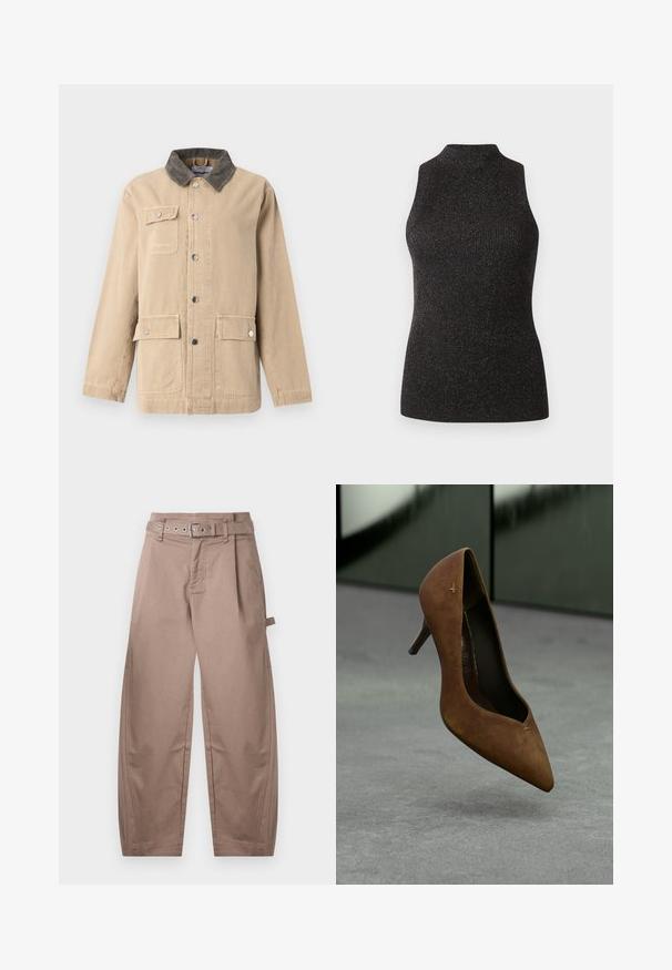 Beige letvægtsjakke i bomuld med en corduroy krave. Har frontknaplukning, to sidelommer og en brystlomme.; CLOSED SLEEVELESS - Top - black; Løstsiddende beige bukser med bæltestropper, et matchende stofbælte, forlommer og en sideløkke detalje på højre ben.; Brunt læder højhælet sko med spids tå og en lille detalje. Hælen er slank, og overfladen har en glat struktur.