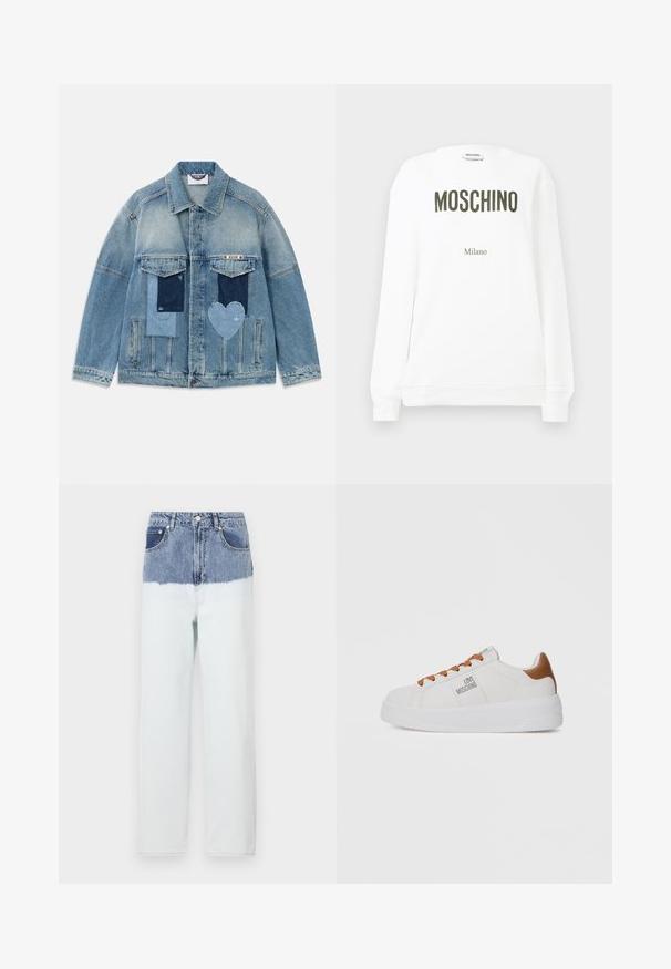 Chaqueta de mezclilla azul claro con diseños de parche, incluidos parches rectangulares y en forma de corazón, bolsillos de solapa en la parte delantera y cierre de botones.; Sudadera blanca con "MOSCHINO" en letras de color oliva oscuro y "Milano" en texto más pequeño debajo. Cuello redondo clásico y puños de canalé.; Pantalones de mezclilla con una sección superior azul que se desvanece en una parte inferior azul más clara. Presenta cinco bolsillos, un cierre de botón y un diseño de pierna recta.; Zapatilla blanca con parte superior de cuero suave, acento en el talón de cuero marrón y cordones naranjas. Presenta el logo grabado "LOVE MOSCHINO" en el lateral.