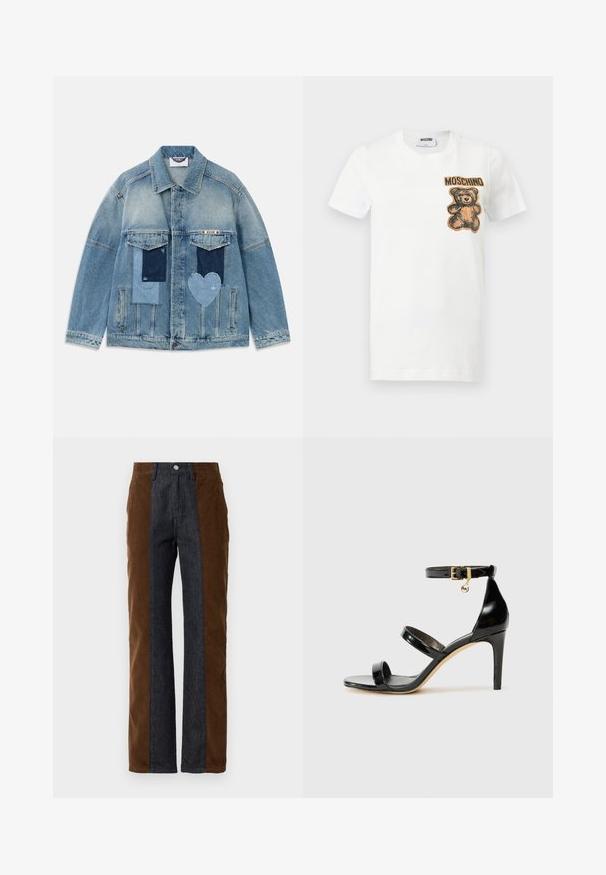 Helle blaue Jeansjacke mit Patchwork-Designs, darunter rechteckige und herzförmige Patches, aufgesetzte Vordertaschen und eine Knopfverschluss.; Weißes kurzärmeliges T-Shirt mit einem Teddybär-Grafik und dem Schriftzug "MOSCHINO" in Braun auf der oberen linken Brustseite.; Cordhosen und Jeans mit vertikalen Paneelen in dunkelbraun und Marineblau, geradem Schnitt und klassischem Fünf-Taschen-Design.; Schwarze Lackleder-Sandale mit drei Riemen, Knöchelriemen und 10 cm hohen Stiletto-Absatz. Verfügt über goldfarbene Hardware-Details und ein Logo-Charm.