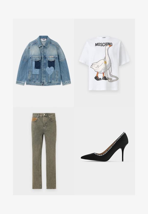 Lichtblauwe denimjas met patchworkontwerpen, inclusief rechthoekige en hartvormige patches, voorzakken met kleppen en een knoopsluiting.; Wit katoenen T-shirt met een bedrukte cartoon van een gans die zwarte schoenen en een parelketting draagt, met de tekst "MOSCHINO" boven het ontwerp.; Groene denim jeans met een rechte pijp ontwerp, voorzien van een bruine corduroy accentzak en subtiele vervagingen door de stof.; Zwart puntige hoge hak schoen met naaldhak en "LOVE MOSCHINO" tekstafwerking langs de opening, zijaanzicht op witte achtergrond.