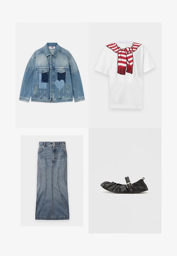 Chaqueta de mezclilla azul claro con diseños de parche, incluidos parches rectangulares y en forma de corazón, bolsillos de solapa en la parte delantera y cierre de botones.; Camiseta blanca de manga corta con una bufanda estampada de rayas rojas y blancas atada alrededor del cuello en la parte frontal.; Sportmax CASA - Falda vaquera - blue azure; Bailarina plana de cuero negro con frente fruncido y correa en el tobillo. Hebilla decorativa plateada y pequeños remaches blancos a lo largo de la suela.