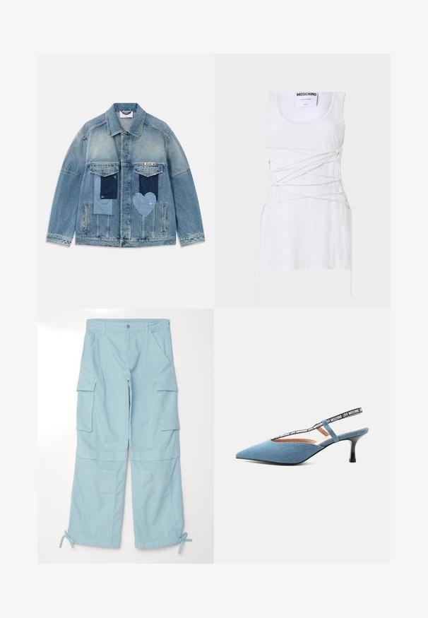 Chaqueta de mezclilla azul claro con diseños de parche, incluidos parches rectangulares y en forma de corazón, bolsillos de solapa en la parte delantera y cierre de botones.; Top sin mangas blanco con detalles de encaje cruzado, con escote redondo y dobladillo recto. Marca: Moschino Couture.; Pantalones cargo azul claro con un ajuste relajado. Presentan bolsillos laterales sobredimensionados, puños ajustables y un cierre de botón en la cintura.; Zapato azul de tacón bajo tipo slingback con punta afilada y tira negra con texto blanco "Love Moschino" sobre fondo claro.