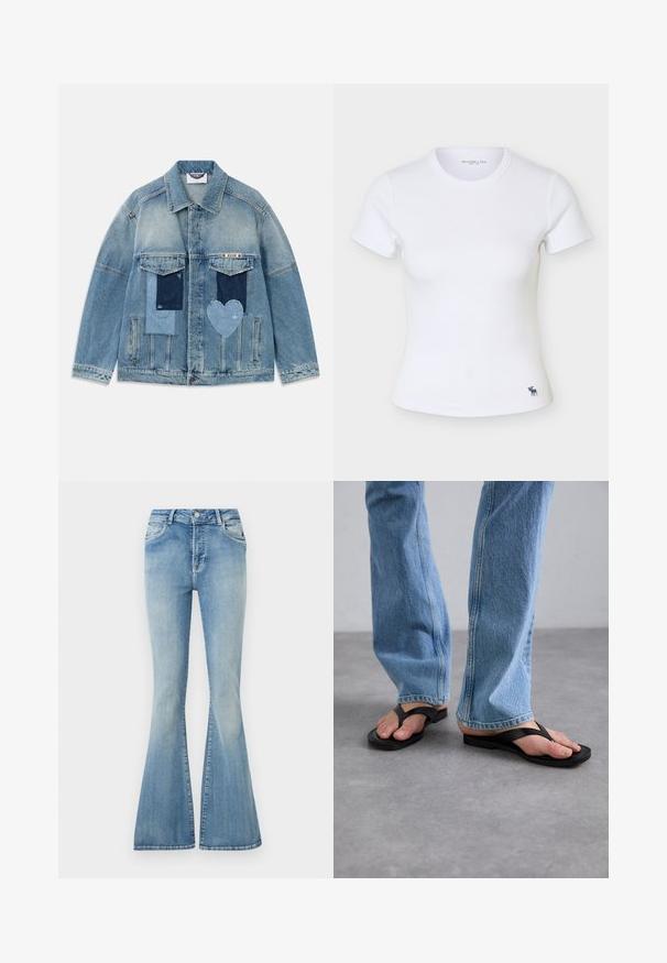 Lyseblå denimjakke med patchwork-design, herunder rektangulære og hjerteformede lapper, forlommer og knaplukning.; Hvid kortærmet tætsiddende ribstrikket T-shirt med rund halsudskæring og lille mørk elg-logo nær den nederste kant på venstre side.; Lyseblå, højtaljede cowboybukser med vide, udstående ben, frontknap, lynlås og design med fem lommer.; Sorte flip-flops med en bred V-formet rem, lavet af gummi. Båret med lyse blå lige ben jeans, der viser struktureret denim.