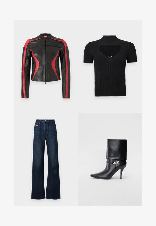 Veste en cuir Diesel noire et rouge avec fermeture éclair frontale, poches latérales zippées et logo embossé sur la poitrine et la languette du col.; Haut noir en maille côtelée avec un col montant et une découpe en forme de cœur. Comprend des manches courtes et un accent argenté au niveau du col.; Jean large à jambes larges bleu foncé en denim. Comprend une fermeture à boutons, un design à cinq poches et un léger délavage sur le devant.; Bottine en cuir noir avec un bout pointu, un haut talon aiguille, un revers, et un détail décoratif en boucle dorée au niveau de la cheville.