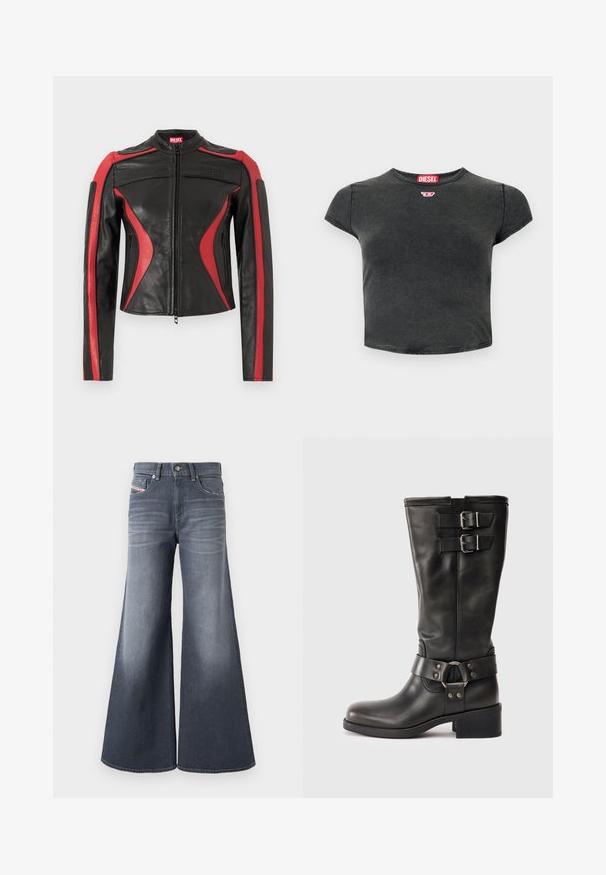 Veste en cuir Diesel noire et rouge avec fermeture éclair frontale, poches latérales zippées et logo embossé sur la poitrine et la languette du col.; T-shirt noir, court, en coton, avec un col rond et des manches courtes. Présente un petit logo rouge et une texture décolorée.; Jean denim gris foncé à jambes larges avec poches avant, passants pour ceinture, et fermeture par bouton, présentant des détails subtils délavés sur les cuisses.; Boot en cuir noir mi-mollet avec deux boucles en argent près du haut et une sangle décorative avec un anneau en métal autour de la cheville, talon carré.
