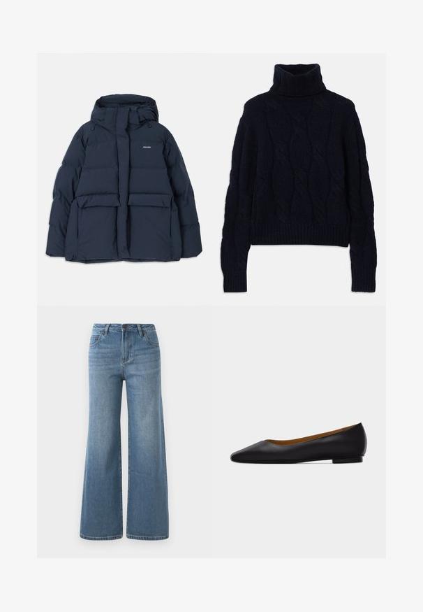 Mørkeblå pufferjakke med hætte, der har to frontlommer, en lynlåslukning og strukturerede quiltede sektioner. Letvægtsdesign.; Marineblå strikket højhalset sweater med kabelstrik mønster, tekstureret stof og ribkantede manchetter og kant. Løs pasform med lange ærmer.; Lysblå brede denim jeans med høj talje, knap- og lynlåslukning samt forlommer.; Sort læder flad sko med spids tå, lav hæl og glat finish, vist fra siden på en lysegrå baggrund.