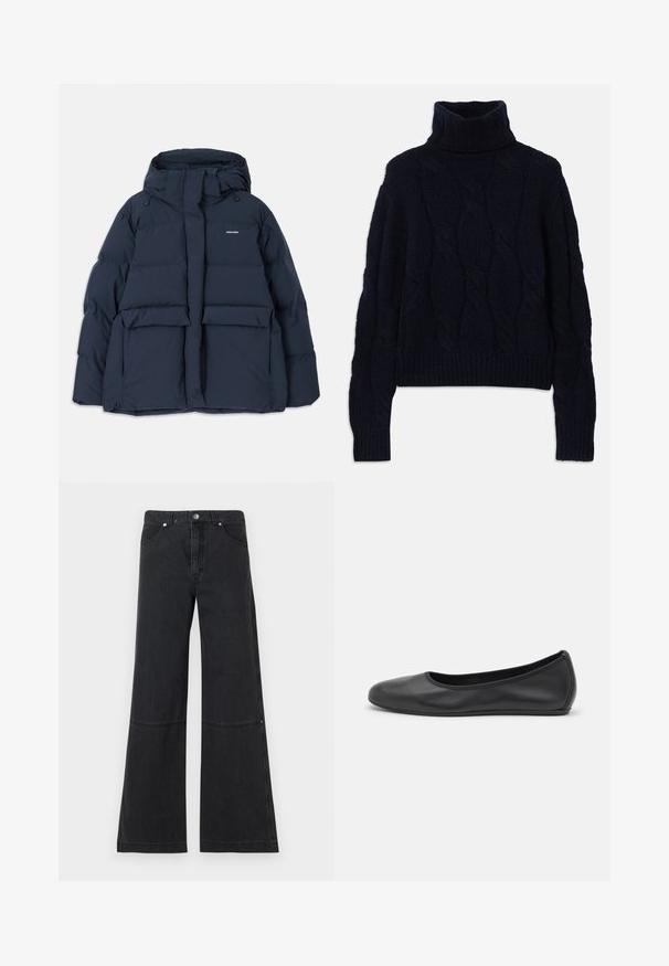 Mørkeblå pufferjakke med hætte, der har to frontlommer, en lynlåslukning og strukturerede quiltede sektioner. Letvægtsdesign.; Marineblå strikket højhalset sweater med kabelstrik mønster, tekstureret stof og ribkantede manchetter og kant. Løs pasform med lange ærmer.; Sorte brede ben jeans lavet af denim, med høj talje, forlommer og en subtil sømdetalje ved knæet. Metal knaplukning.; Sort læderballetsko med rund tå, glat tekstur, minimal syning og et fleksibelt såldesign.