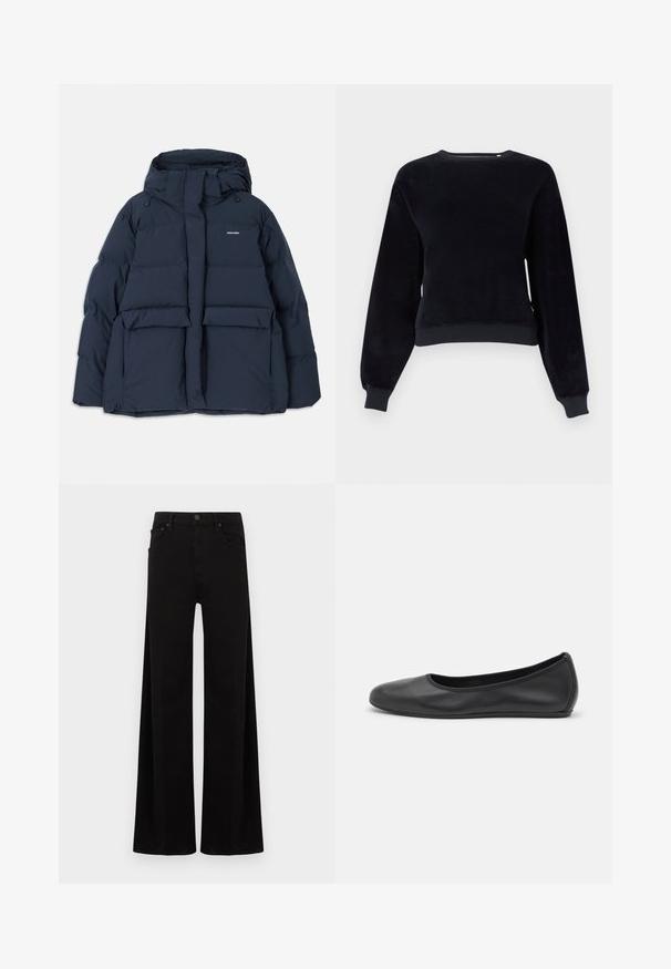 Marineblaue Steppjacke mit Kapuze, ausgestattet mit zwei Fronttaschen, einem Reißverschluss und strukturierten, gesteppte Abschnitten. Leichtes Design.; Schwarzer, kurz geschnittener Pullover aus weichem Stoff, mit langen Ärmeln, rundem Ausschnitt und gerippten Bündchen am Saum und an den Handgelenken.; Schwarze Jeanshose mit weitem Bein, hoher Taille, vorderen Taschen und einfachem Metallknopfverschluss.; Schwarze Leder-Ballettschuhe mit abgerundeter Spitze, glatter Textur, minimalen Nähdetails und einem flexiblen Sohlen-Design.