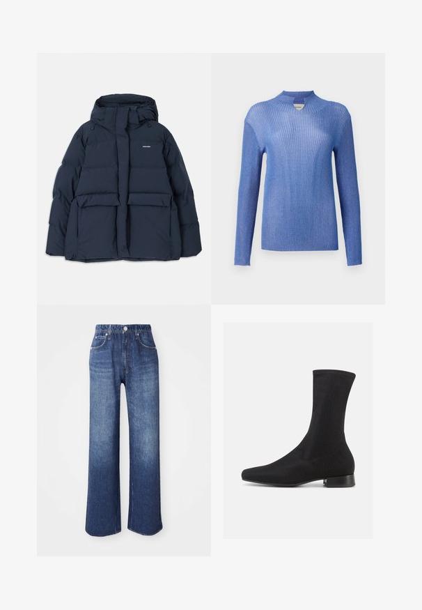 Marineblaue Steppjacke mit Kapuze, ausgestattet mit zwei Fronttaschen, einem Reißverschluss und strukturierten, gesteppte Abschnitten. Leichtes Design.; Blau gestreifter Strickpullover mit hohem Kragen und langen Ärmeln. Verfügt über eine strukturierte Oberfläche und einen leichten Schimmer, der eine taillierte Silhouette bietet.; Weite blaue Denim-Jeans mit hoher Taille, fünf Taschen und silbernem Knopfverschluss. Der Stoff hat eine glatte Textur mit dezenten Ausbleichungen.; Schwarzer Knöchelstiefel mit einem glatten, dehnbaren Stoffoberteil und einem niedrigen, gestapelten Absatz. Verfügt über eine spitze Zehenpartie und ein nahtloses Design.
