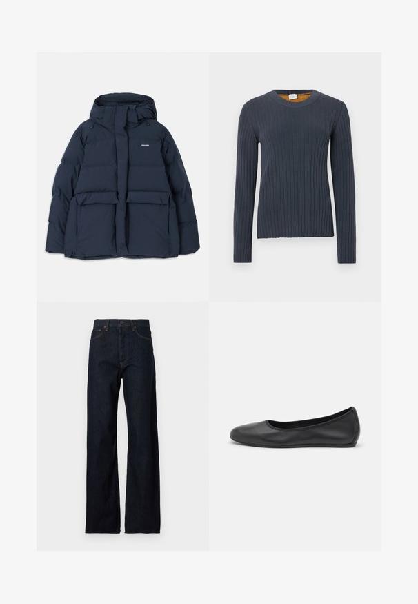 Veste doudoune bleu marine avec capuche, dotée de deux poches avant, d'une fermeture éclair et de sections quiltées texturées. Design léger.; Pull à manches longues côtelé bleu marine avec un col rond. Présente une finition texturée et un intérieur contrastant jaune moutarde au niveau du col.; Jean en denim bleu foncé à taille haute, coupe droite, style cinq poches, avec des coutures contrastées sur les coutures.; Ballerines en cuir noir avec un bout rond, texture lisse, détails de couture minimalistes et design de semelle flexible.