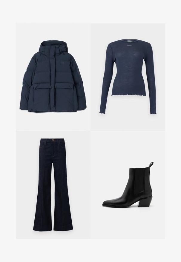 Marineblaue Steppjacke mit Kapuze, ausgestattet mit zwei Fronttaschen, einem Reißverschluss und strukturierten, gesteppte Abschnitten. Leichtes Design.; Marineblaues, langärmliges, geripptes Strickoberteil mit Rundhalsausschnitt, wellenförmigem Saum und Ärmelbündchen sowie dem "Stine Goya"-Logo auf der Brust.; Dunkelblaue Denim-Jeans mit weitem Bein, hoher Taille, vorderen Taschen und sichtbaren Nähten. Der Stoff hat eine glatte Textur und eine strukturierte Form.; Schwarze Leder-Stiefeletten mit spitzem Zeh, elastischen Seitenpanelen und einem niedrigen Blockabsatz. Mit einer Zuglasche an der Ferse für ein einfaches An- und Ausziehen.