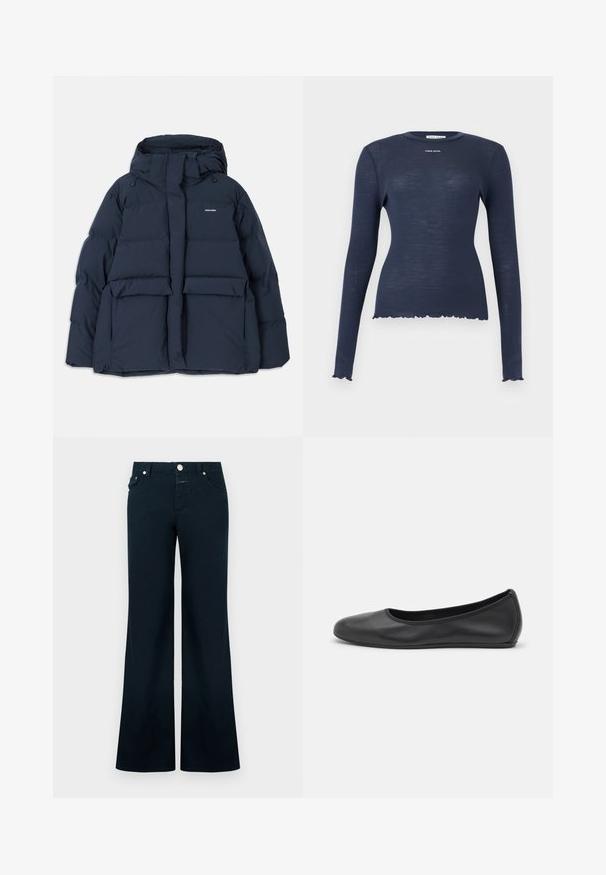 Marineblaue Steppjacke mit Kapuze, ausgestattet mit zwei Fronttaschen, einem Reißverschluss und strukturierten, gesteppte Abschnitten. Leichtes Design.; Marineblaues, langärmliges, geripptes Strickoberteil mit Rundhalsausschnitt, wellenförmigem Saum und Ärmelbündchen sowie dem "Stine Goya"-Logo auf der Brust.; Dunkelblaue Hosen mit weitem Bein aus Baumwolle. Sie haben Hosentaschen vorne, einen Knopfverschluss und eine glatte Textur ohne sichtbare Muster oder Akzente.; Schwarze Leder-Ballettschuhe mit abgerundeter Spitze, glatter Textur, minimalen Nähdetails und einem flexiblen Sohlen-Design.