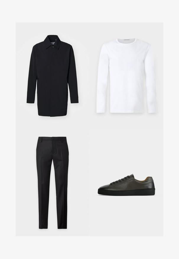 Schwarze leichte Jacke mit strukturiertem Design, Knopfverschluss und langen Ärmeln. Glatte Textur und minimalistischer Stil ohne Muster.; Einfaches weißes Langarmshirt mit Rundhalsausschnitt, schlichtem, cleanem Design ohne sichtbare Muster oder Logos.; Schwarze, maßgeschneiderte Slim-Fit formelle Hose mit Gürtelschlaufen und sauberem Frontdesign, dargestellt auf einem einfarbigen hellen Hintergrund.; Niedriger dunkelgrauer Ledersneaker mit schwarzen Schnürsenkeln und Sohle, minimalistisches Design, Seitenprofil vor einem schlichten hellen Hintergrund.