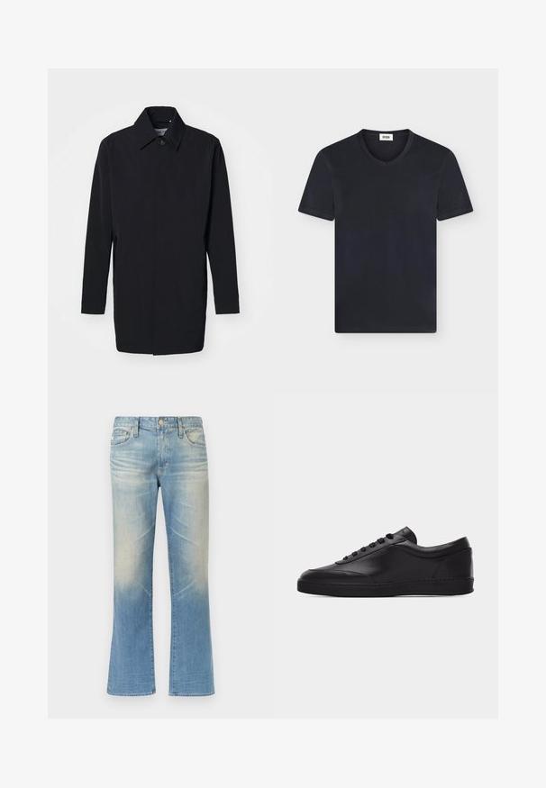 Schwarze leichte Jacke mit strukturiertem Design, Knopfverschluss und langen Ärmeln. Glatte Textur und minimalistischer Stil ohne Muster.; Schwarzes Kurzarm-V-Ausschnitt-T-Shirt mit weißem Etikett innen im Kragen auf hellem Hintergrund.; Hellblaue, ausgestellte Jeans aus Denim mit verwaschenem Finish, Fünf-Taschen-Design, Metallknopfverschluss und geraden Säumen.; Schwarzer flacher Leder-Sneaker mit Schnürung vorne und flacher Gummisohle, seitlich auf einem schlichten weißen Hintergrund gezeigt.