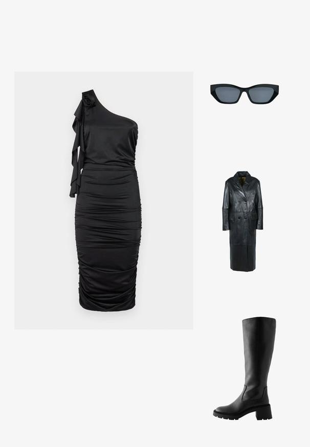 Freaky Nation Vinterfrakke - black; Sort en-shoulder kjole lavet af glat stof, der har en rynket ærmedetail, rynket tekstur og tætsiddende design for at fremhæve silhuetten.; Sorte læder knæhøje støvler med en kraftig blokhæl, elastisk sideskærm og en glat tekstur. Har en rund tå og en solid sål.; Sorte katteøje-solbriller med tykke stel og mørke tonede linser, vist mod en hvid baggrund.