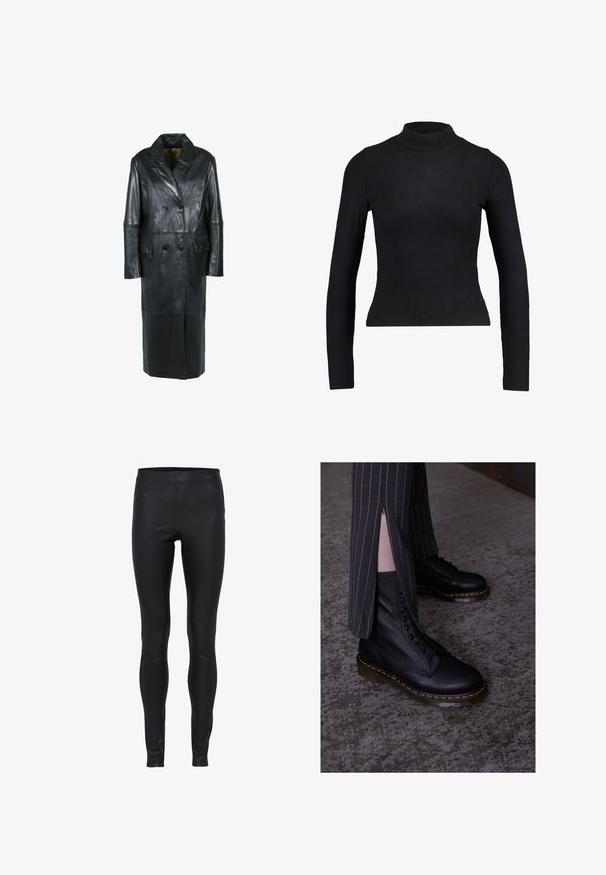 Freaky Nation Vinterfrakke - black; Sort langærmet turtleneck top lavet af ribbet stof, med en tætsiddende design og slank silhuet. Ingen mønstre eller detaljer.; Sorte læderleggings med høj talje, glat tekstur og tætsiddende pasform fra talje til ankel.; Sorte læder snørebåndsstøvler med en struktureret overflade, gule syninger og en solid, gennemsigtig sål. Samlet med stribede bukser med lynlåse.